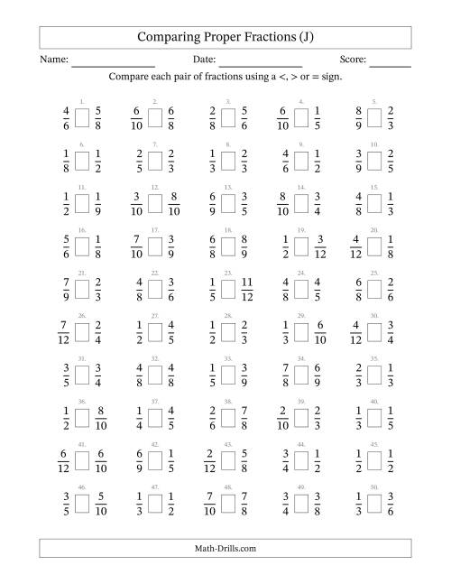 The Comparing Proper Fractions to Twelfths (No Sevenths; No Elevenths) (J) Math Worksheet