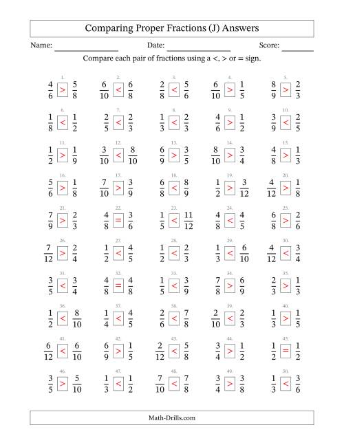 The Comparing Simple Fractions to 12ths -- No 7ths or 11ths (J) Math Worksheet Page 2