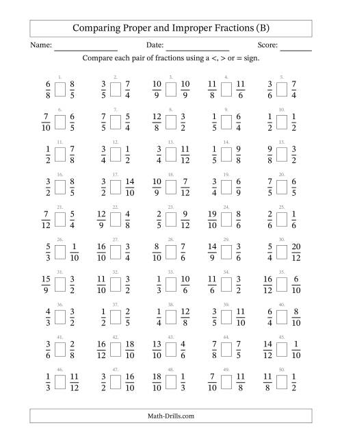 The Comparing Proper and Improper Fractions to Twelfths (No Sevenths; No Elevenths) (B) Math Worksheet