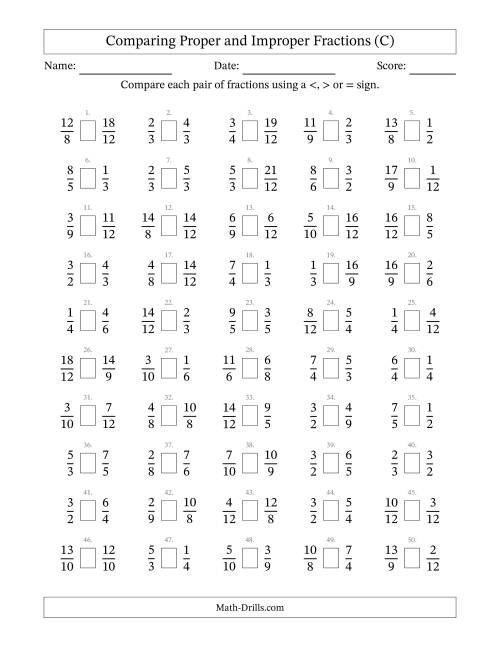 The Comparing Proper and Improper Fractions to Twelfths (No Sevenths; No Elevenths) (C) Math Worksheet