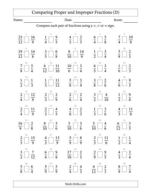 The Comparing Proper and Improper Fractions to Twelfths (No Sevenths; No Elevenths) (D) Math Worksheet