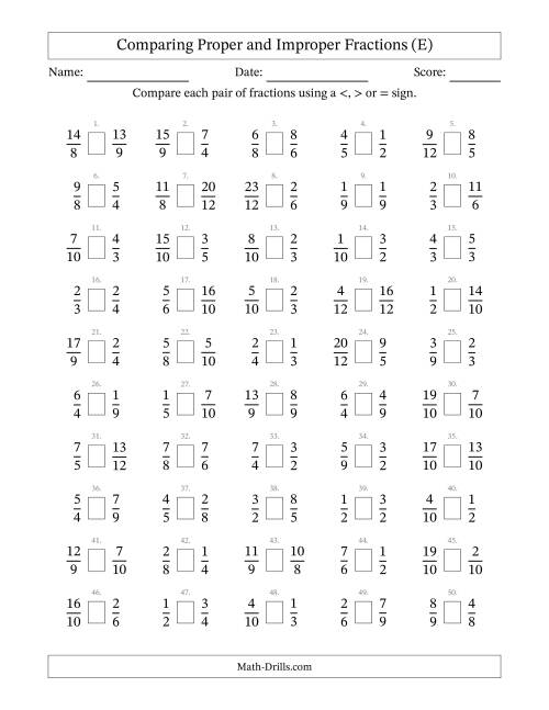 The Comparing Improper Fractions to 12ths -- No 7ths or 11ths (E) Math Worksheet