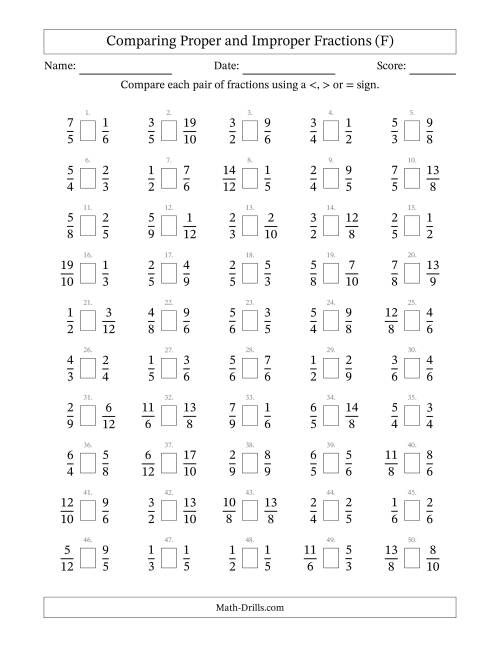 The Comparing Improper Fractions to 12ths -- No 7ths or 11ths (F) Math Worksheet