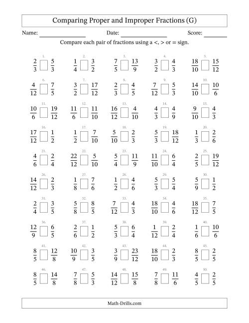 The Comparing Improper Fractions to 12ths -- No 7ths or 11ths (G) Math Worksheet