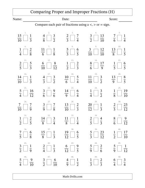 The Comparing Improper Fractions to 12ths -- No 7ths or 11ths (H) Math Worksheet