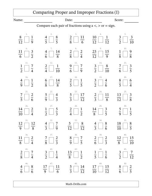 The Comparing Proper and Improper Fractions to Twelfths (No Sevenths; No Elevenths) (I) Math Worksheet