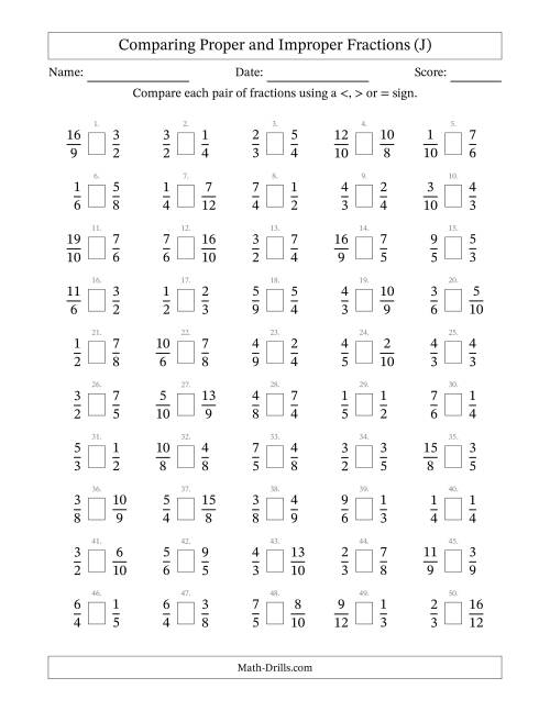 The Comparing Proper and Improper Fractions to Twelfths (No Sevenths; No Elevenths) (J) Math Worksheet