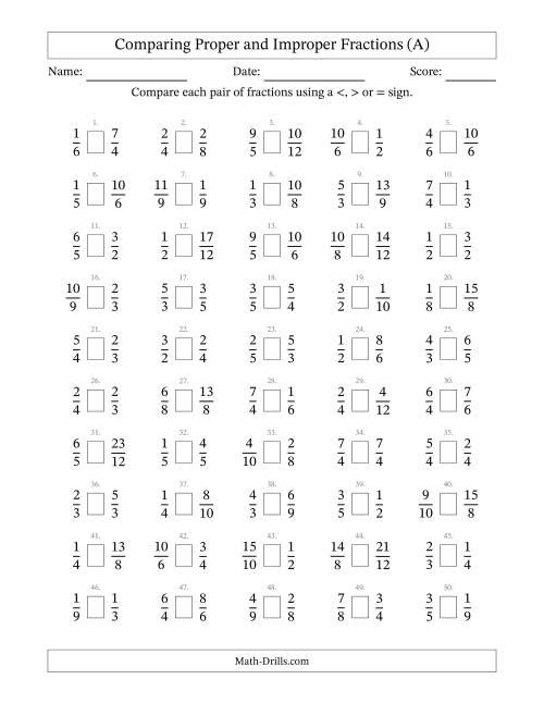 The Comparing Proper and Improper Fractions to Twelfths (No Sevenths; No Elevenths) (All) Math Worksheet