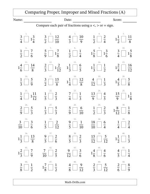 The Comparing Mixed Fractions to 12ths -- No 7ths or 11ths (A) Math Worksheet