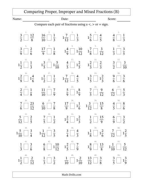 The Comparing Proper, Improper and Mixed Fractions to Twelfths (No Sevenths; No Elevenths) (B) Math Worksheet
