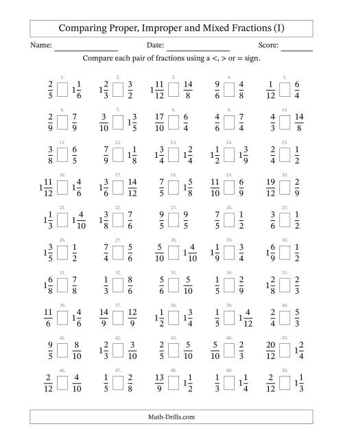 The Comparing Proper, Improper and Mixed Fractions to Twelfths (No Sevenths; No Elevenths) (I) Math Worksheet
