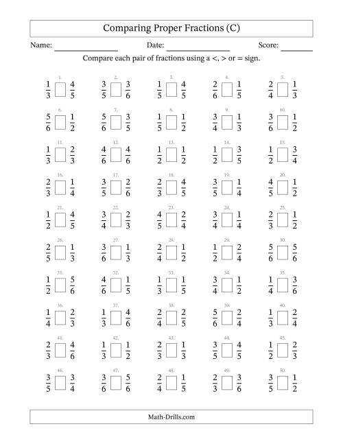 The Comparing Simple Fractions to 6ths (C) Math Worksheet
