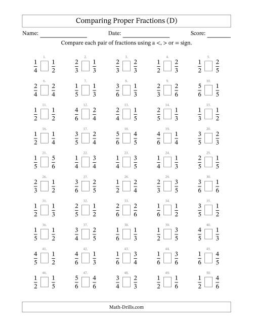 The Comparing Simple Fractions to 6ths (D) Math Worksheet