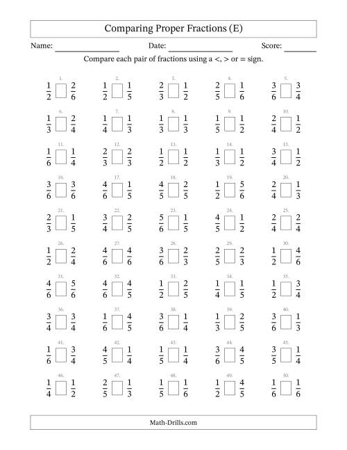 The Comparing Simple Fractions to 6ths (E) Math Worksheet