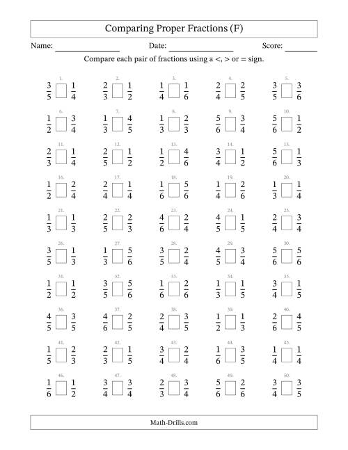 The Comparing Proper Fractions to Sixths (F) Math Worksheet