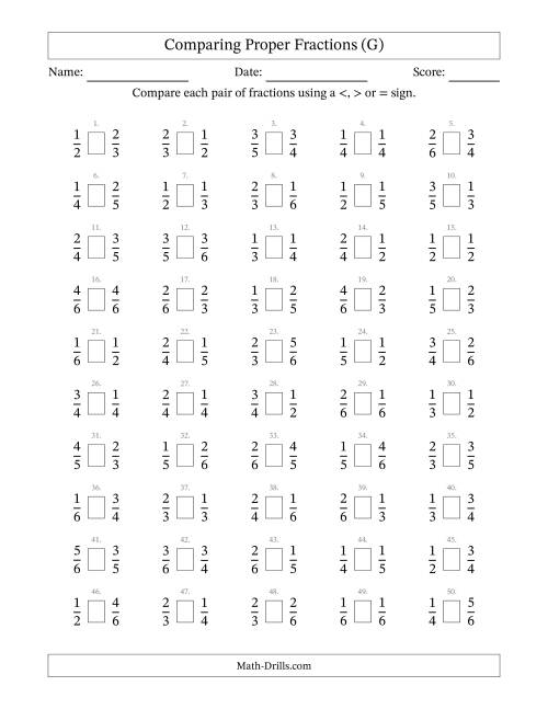 The Comparing Proper Fractions to Sixths (G) Math Worksheet