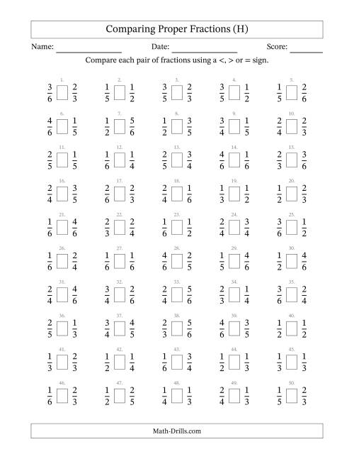 The Comparing Proper Fractions to Sixths (H) Math Worksheet