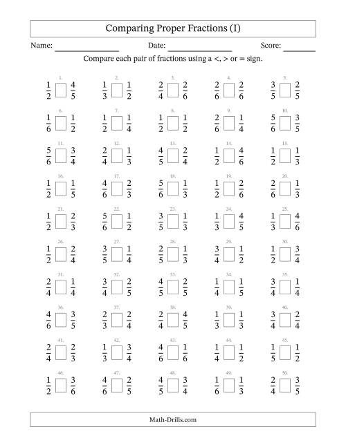 The Comparing Proper Fractions to Sixths (I) Math Worksheet
