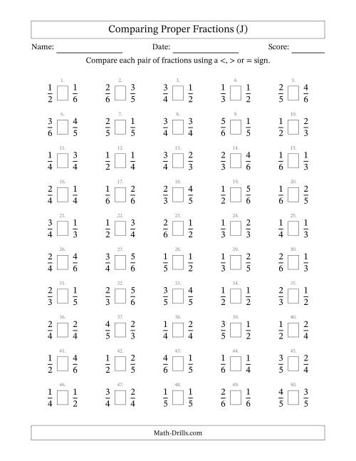 The Comparing Simple Fractions to 6ths (J) Math Worksheet