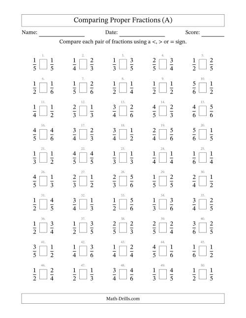 The Comparing Proper Fractions to Sixths (All) Math Worksheet