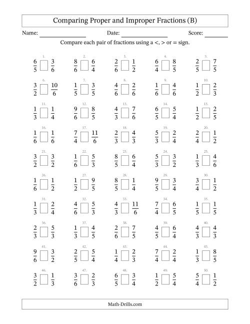 The Comparing Improper Fractions to 6ths (B) Math Worksheet