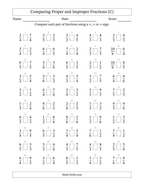 The Comparing Improper Fractions to 6ths (C) Math Worksheet