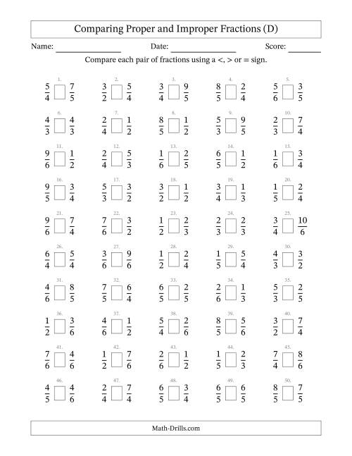 The Comparing Improper Fractions to 6ths (D) Math Worksheet