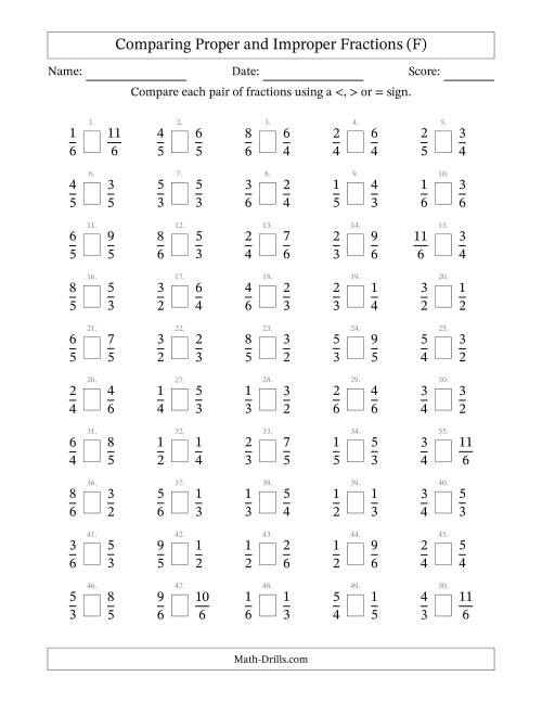 The Comparing Improper Fractions to 6ths (F) Math Worksheet