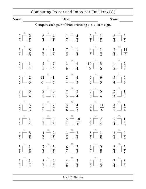 The Comparing Improper Fractions to 6ths (G) Math Worksheet