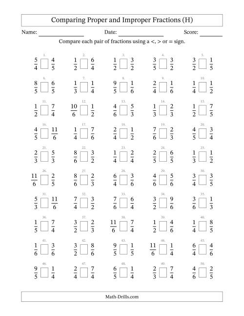 The Comparing Improper Fractions to 6ths (H) Math Worksheet