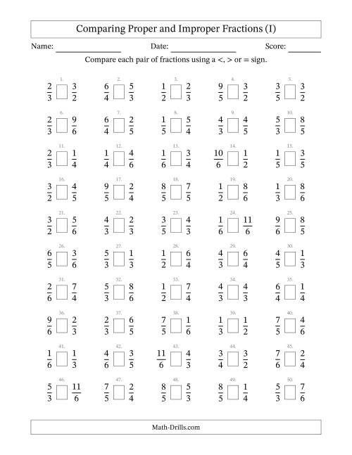 The Comparing Improper Fractions to 6ths (I) Math Worksheet