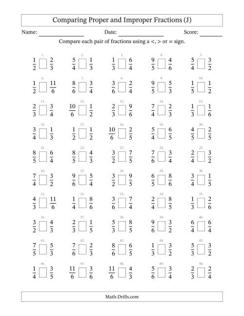 The Comparing Improper Fractions to 6ths (J) Math Worksheet