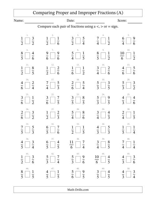 The Comparing Improper Fractions to 6ths (All) Math Worksheet
