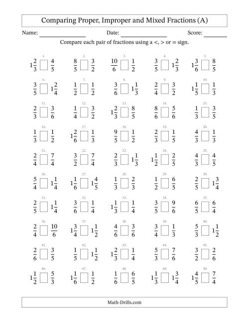The Comparing Mixed Fractions to 6ths (A) Math Worksheet