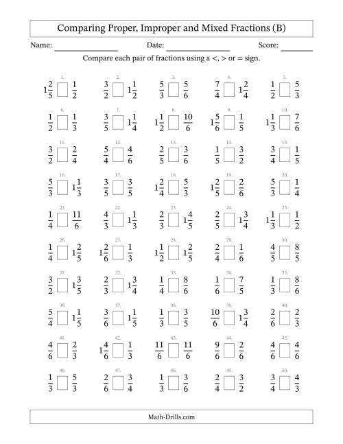 The Comparing Proper, Improper and Mixed Fractions to Sixths (B) Math Worksheet