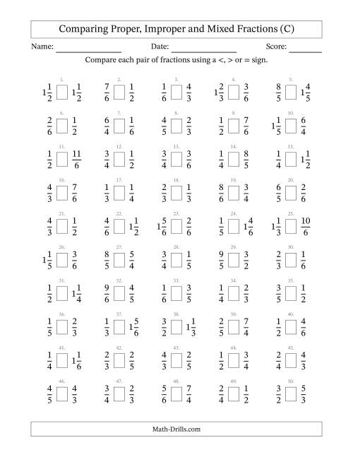 The Comparing Proper, Improper and Mixed Fractions to Sixths (C) Math Worksheet