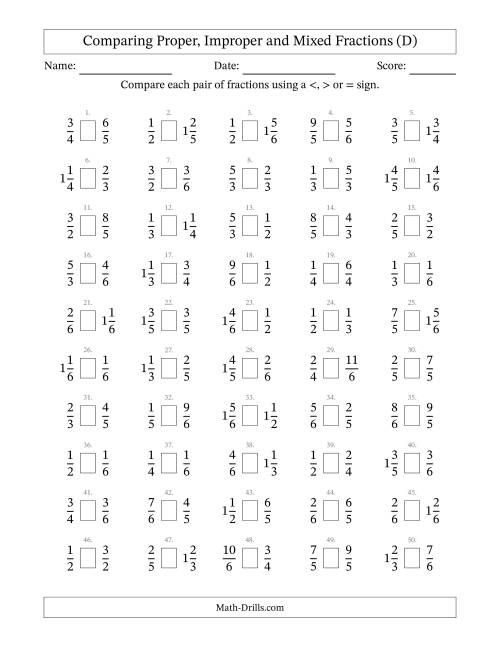 The Comparing Proper, Improper and Mixed Fractions to Sixths (D) Math Worksheet