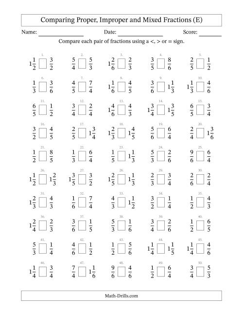 The Comparing Proper, Improper and Mixed Fractions to Sixths (E) Math Worksheet