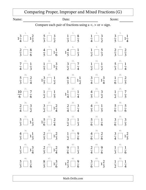 The Comparing Proper, Improper and Mixed Fractions to Sixths (G) Math Worksheet