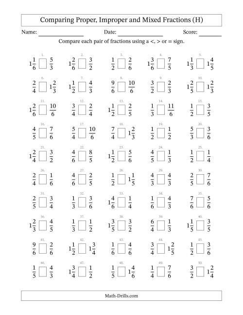 The Comparing Proper, Improper and Mixed Fractions to Sixths (H) Math Worksheet