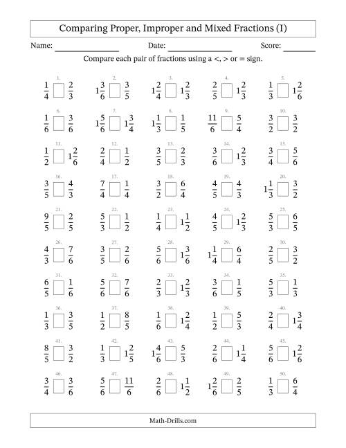 The Comparing Proper, Improper and Mixed Fractions to Sixths (I) Math Worksheet
