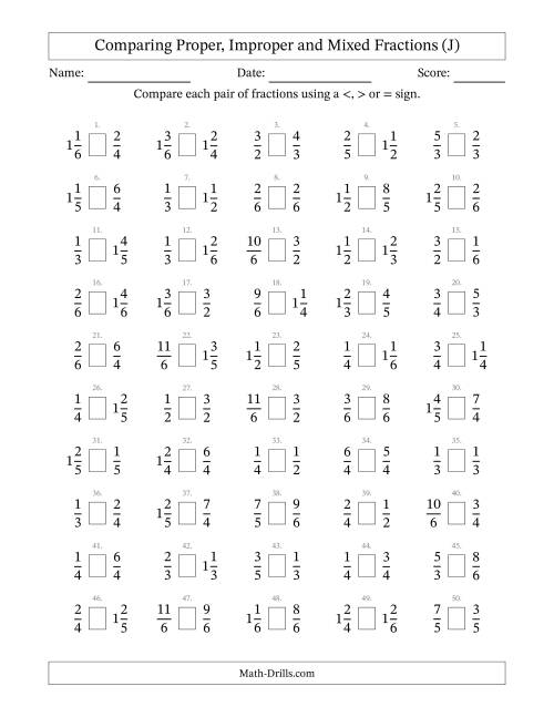 The Comparing Proper, Improper and Mixed Fractions to Sixths (J) Math Worksheet