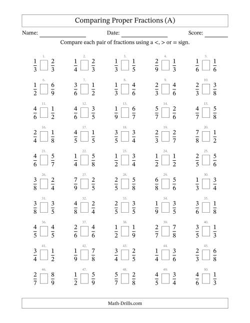 The Comparing Simple Fractions to 9ths (A) Math Worksheet