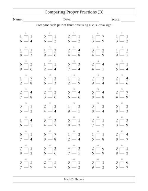 The Comparing Simple Fractions to 9ths (B) Math Worksheet