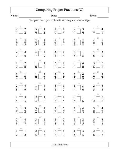 The Comparing Proper Fractions to Ninths (C) Math Worksheet