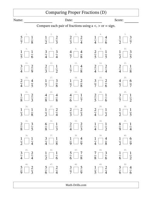 The Comparing Simple Fractions to 9ths (D) Math Worksheet