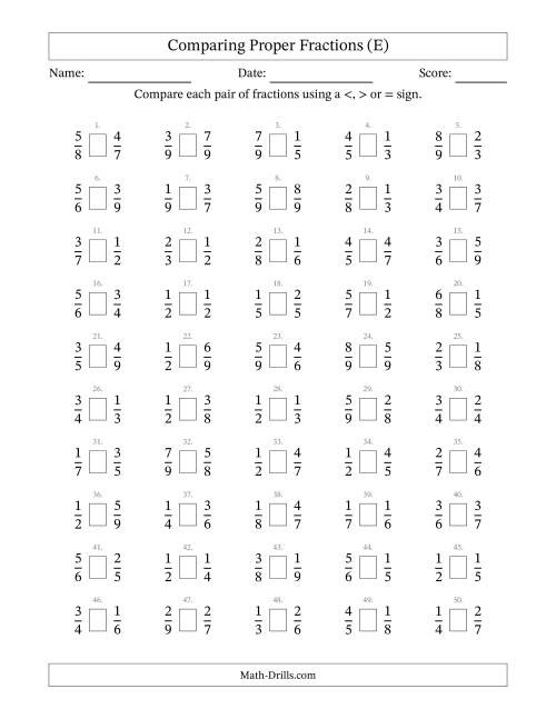 The Comparing Simple Fractions to 9ths (E) Math Worksheet