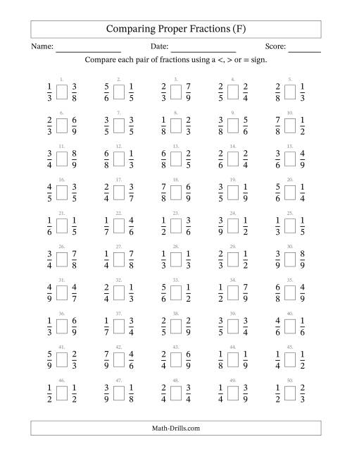 The Comparing Simple Fractions to 9ths (F) Math Worksheet