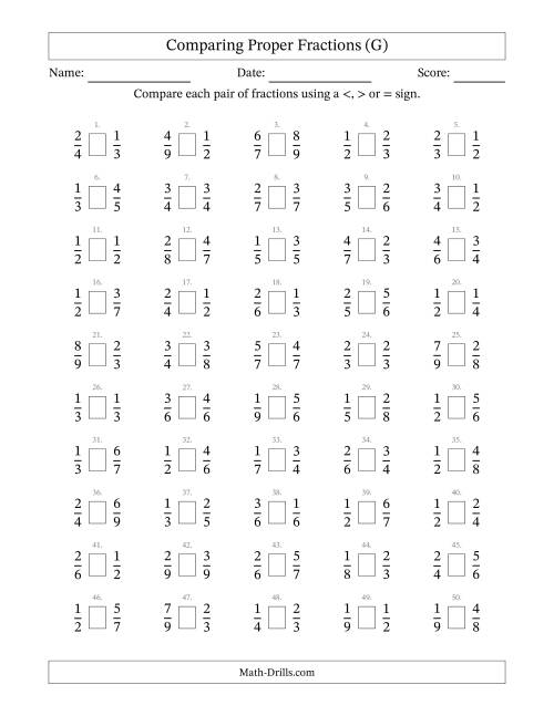 The Comparing Proper Fractions to Ninths (G) Math Worksheet
