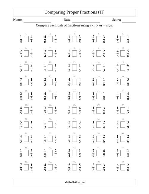The Comparing Proper Fractions to Ninths (H) Math Worksheet